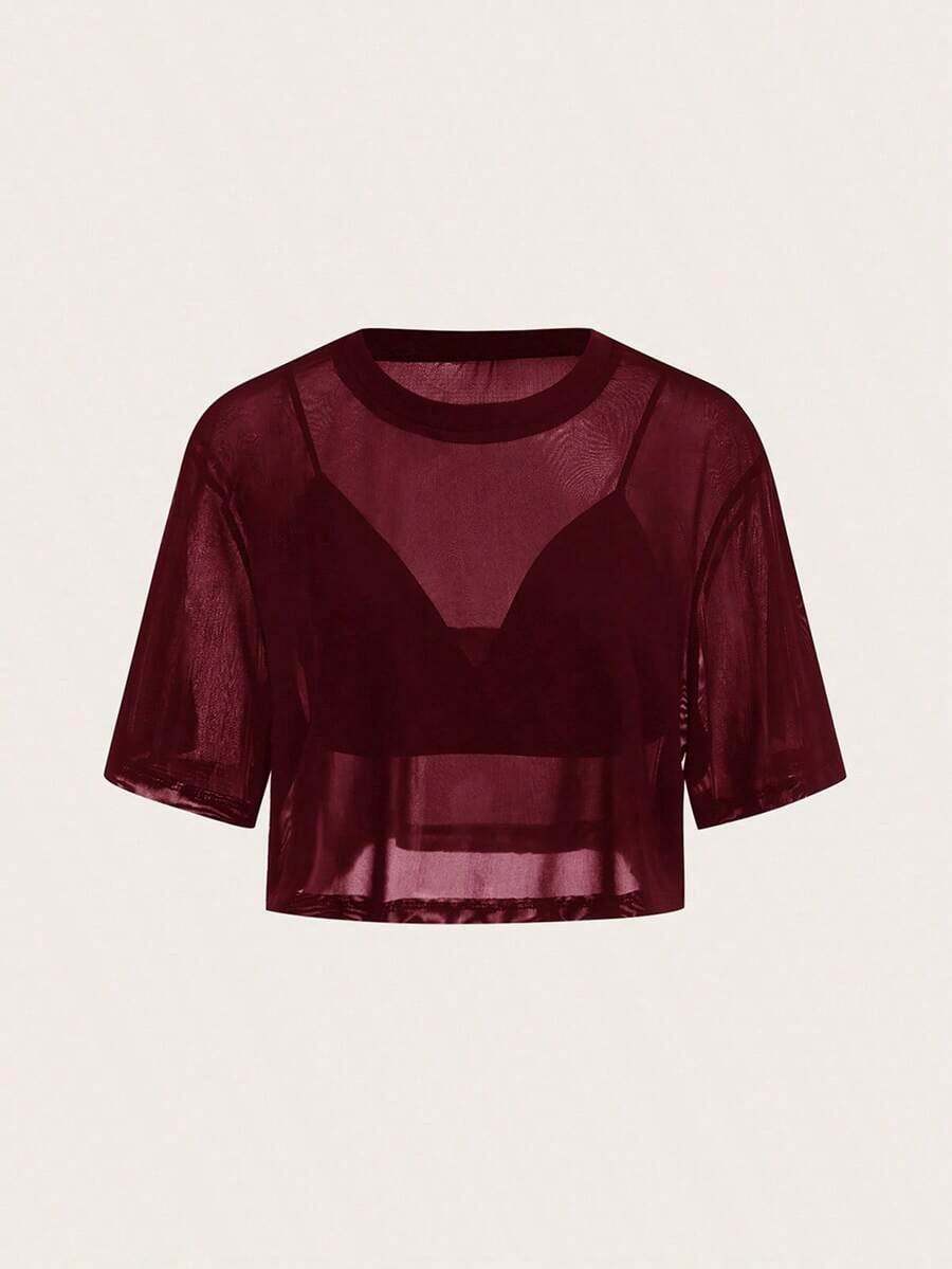 BASICS 2 piezas Top de tirantes recortado de color liso casual y top corto de manga corta holgado y transparente de malla con cuello redondo - Burdeos - Ver 1