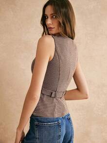Chaleco corto de estilo retro francés, parte superior casual para mujer, chaleco marrón, cuello cuadrado clásico, versátil y de moda, FW24 - Marrón - Ver 2
