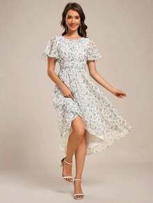Vestido de dama de honor de gasa con pliegues y mangas con volantes, vestido de noche elegante para invitados de boda en primavera - Multicolor - Ver 4