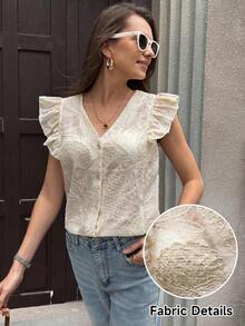 Clasi Blusa blanca elegante y casual con cuello en V, mangas con volantes, falso bordado y estampado floral, adecuada para primavera/verano - Albaricoque 2 - Ver 8
