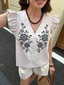 Clasi Blusa blanca elegante y casual con cuello en V, mangas con volantes, falso bordado y estampado floral, adecuada para primavera/verano - Albaricoque 3 - Ver 5