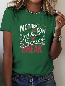 Camiseta con Estampado de Amor Materno Infantil, Manga Corta, Cuello Redondo, Estilo Casual, Ropa de Mujer para Primavera/Verano - Verde - Ver 1