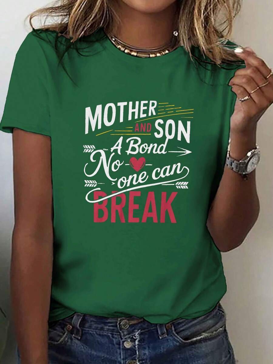 Camiseta con Estampado de Amor Materno Infantil, Manga Corta, Cuello Redondo, Estilo Casual, Ropa de Mujer para Primavera/Verano - Verde - Ver 1