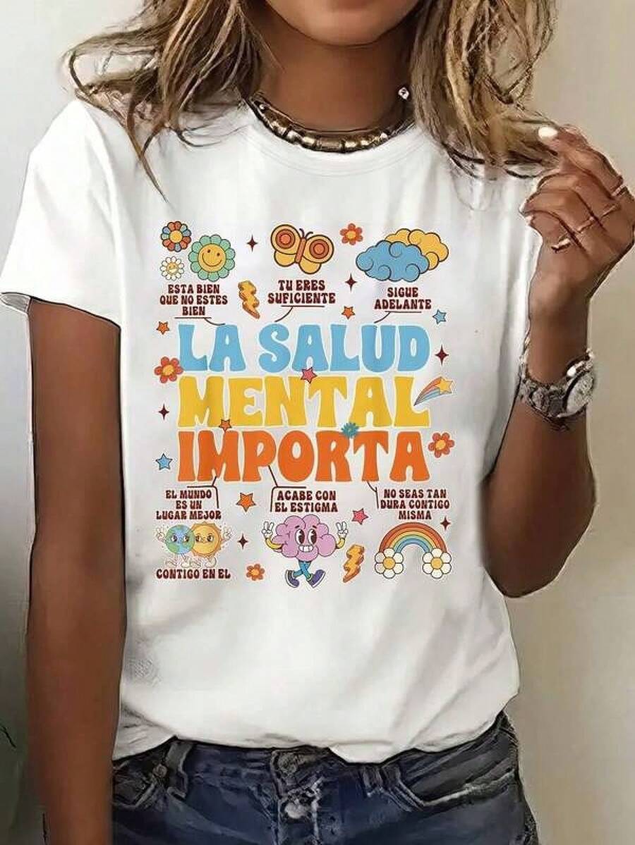 Camiseta de Concienciación sobre la Salud Mental para Mujer - La Salud Mental Importa con Diseño Gráfico y Animales, Tejido Suave y Elástico, Cuello Redondo, para Uso Diario y Eventos Especiales, Lavable a Máquina, para Todas las Estaciones, Camiseta Casual, Ropa de Concienciación sobre la Salud Mental, Ropa para Eventos, Diseño Divertido, Ajuste Cómodo, Impresión Duradera, Camiseta de Manga Corta, Amantes de la Moda, Material Transpirable, Camiseta Estampada, Mujeres Conscientes de la Moda. - Negro - Ver 1