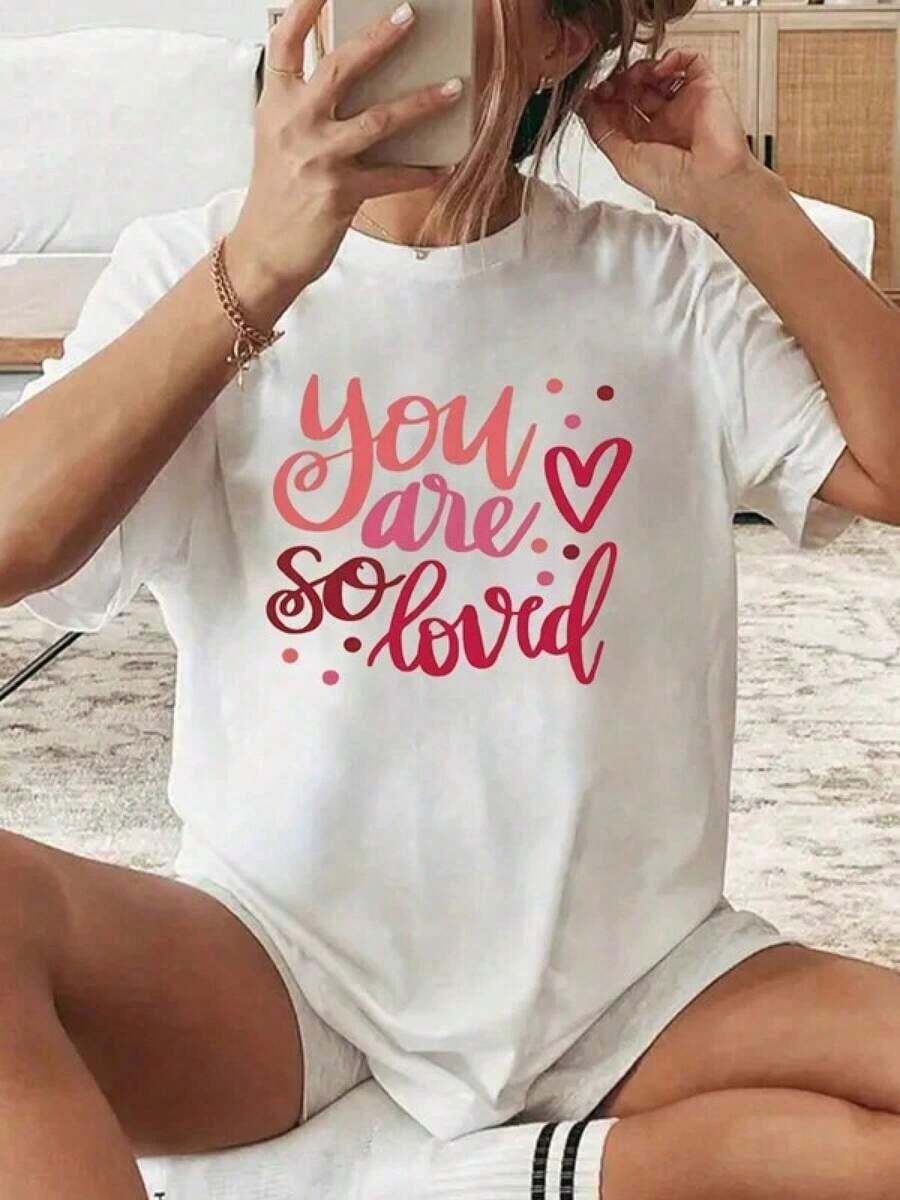 Camiseta con Estampado LOVE para Mujer, Camiseta de Manga Corta de Moda de Verano, Camiseta Casual con Cuello Redondo Estampado, Ropa de Mujer, Unisex - Blanco - Ver 1