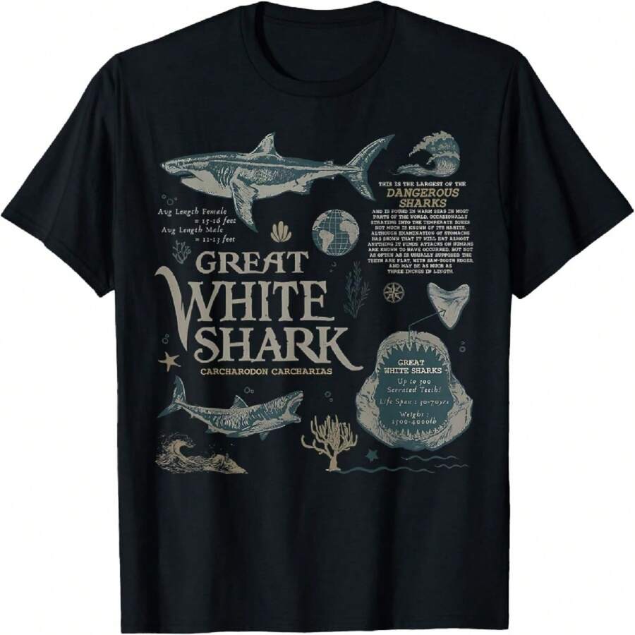 Wildlife Exploration Great White Shark Graphic T-Shirt - Negro - Ver 1