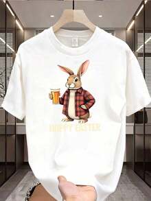 Men's Casual T-Shirt With A Rabbit Holding A Beer, Perfect For A Fun Easter Celebration. This Short-Sleeved Crew Neck T-Shirt Makes An Excellent Holiday Gift For Adult Men Who Enjoy Fashion. - Blanco - Xem 1