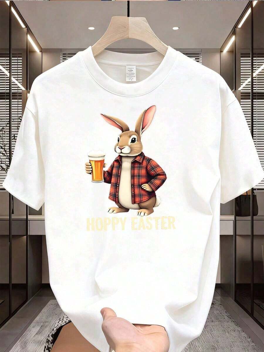 Men's Casual T-Shirt With A Rabbit Holding A Beer, Perfect For A Fun Easter Celebration. This Short-Sleeved Crew Neck T-Shirt Makes An Excellent Holiday Gift For Adult Men Who Enjoy Fashion. - Blanco - Xem 1