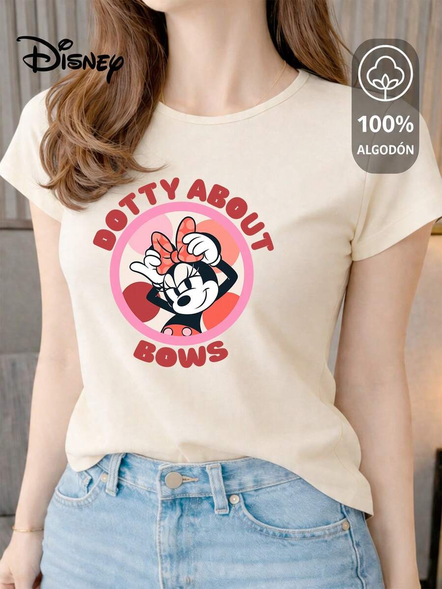 Women's T-Shirt Made Of 100% High-Quality Cotton, This T-Shirt Guarantees Exceptional Softness To The Touch, Round Neck With "Disney Minnie Dotty About Bows" Print And Short Sleeves - 米色 - 查看 1