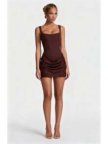 Ladies Minimalist Square Neck Stretch Bodycon Short Dress Evening Going Out Outfit - Coffee Brown - View 6