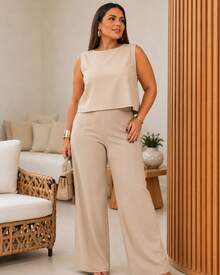 Women's Tailored Premium Linen Set, High-Waisted Wide-Leg Pants, 2-In-1 Linen, Summer - 米色 - 查看 2