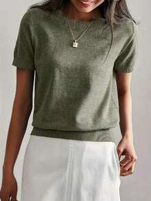 Camiseta de punto de manga corta de unicolor y peso ligero para mujer, top de verano minimalista en rojo - Verde Oliva - Ver 3