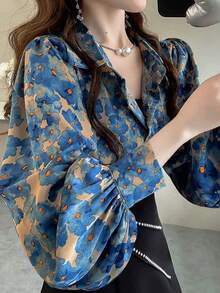 Women's Elegant Blue Ditsy Floral Loose Design Lantern Sleeve Blouse Top With Faux Pearl Button Decor, Summer Vacation - Blue - View 1
