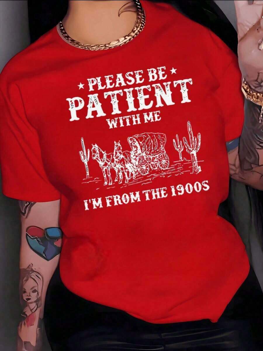 GiftPaisaje del viejo oeste con carreta tirada por caballos y cactus evocando viajes históricos y espíritu pionero camiseta de mujer 100% algodónSoft - Rojo - Ver 1