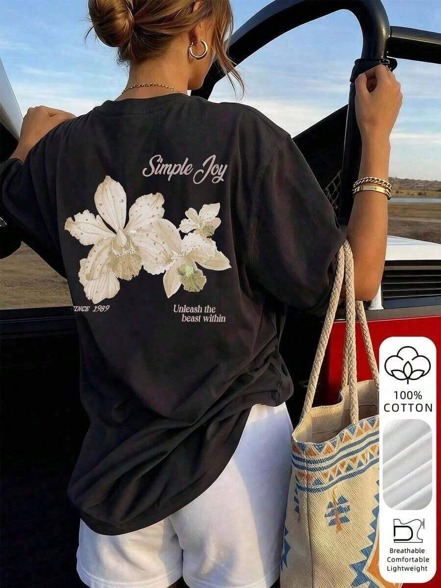 This Short-Sleeve Crew Neck T-Shirt With A Colorful Letter And Floral Print Is A Fashionable And Versatile Choice For Women In Summer. The Graphic Tee Comes In White And Pink, Perfect For Vacation Wear. 100% Cotton - 黑色 - 查看 1