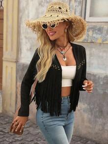 Women's Open Jacket With Fringed Hem In A Solid Color - Black - View 1