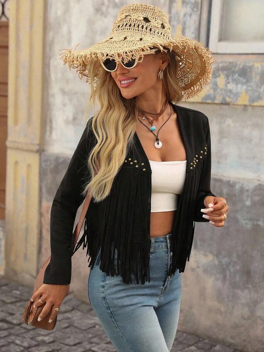 Women's Open Jacket With Fringed Hem In A Solid Color - Black - View 1