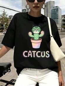 TrendyCamiseta de mujer con estampado divertido de cactus, cuello redondo, corte holgado, estilo hip-hop urbano, ajuste cómodo, estampado artístico.Everyday Wear - Negro - Ver 6