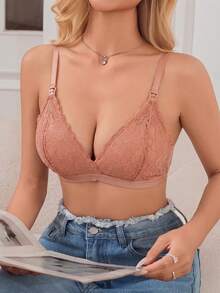 Maternity Front-Open Nursing Bra, Sexy Floral Lace, Adjustable Shoulder Straps, Comfortable Bra - Apricot - View 3