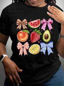 Women's Casual T-Shirt With Fruit Print And Bows, Fashionable Summer Top For Everyday Wear, Party Outfit, Gift Idea - 黑色 - 查看 1