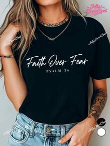 "Faith Over Fear" T-Shirt, Christian T-Shirt With Psalm 34, Bible Verse T-Shirt, Religious T-Shirt, Faith T-Shirt, Christian Gift For Men And Women, Inspirational Religious Clothing, Machine Washable, Suitable For All Seasons, Unique Design T-Shirt - 黑色 - 查看 5