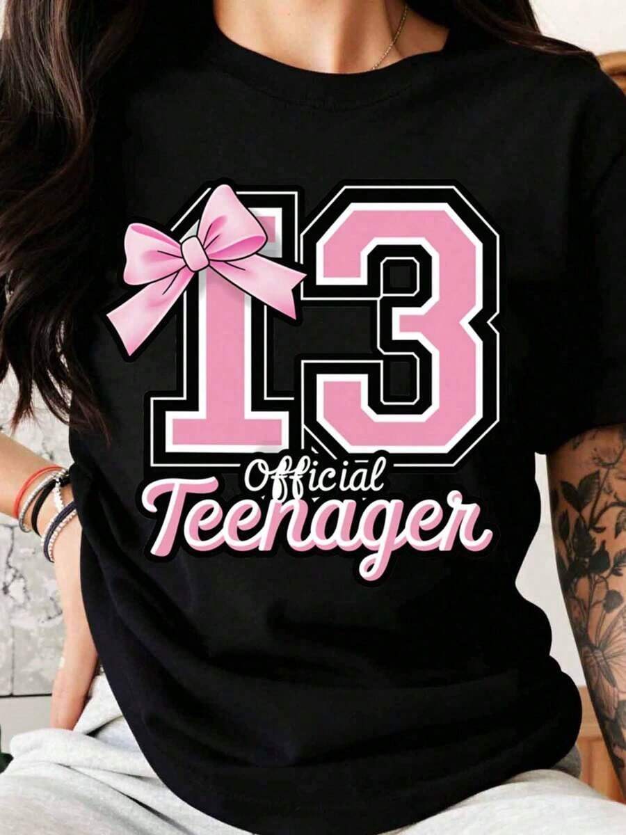Official T-Shirt For A Teenager's 13th Birthday, Pink Bow Design, Black T-Shirt, Celebration Gift For A Thirteen-Year-Old's Birthday Party, 100% Pure Cotton, Women's T-Shirt. - 黑色 - 查看 1