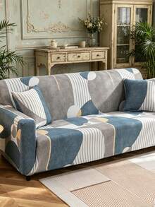 1pc Geometric Pattern Stretch Full Coverage Sofa Cover, Modern Style Polyester Fabric, Machine Washable, Suitable For All Seasons - Gray Blue - View 3