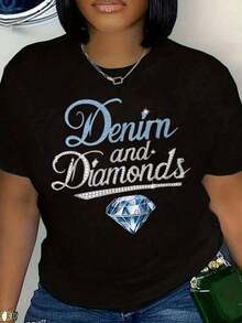 Plus Size Women's T-Shirt, With Denim And Diamond Print, Short Sleeve, Round Neck, Casual Summer Set, Casual Blouses For Ladies. - màu đen - Xem 1