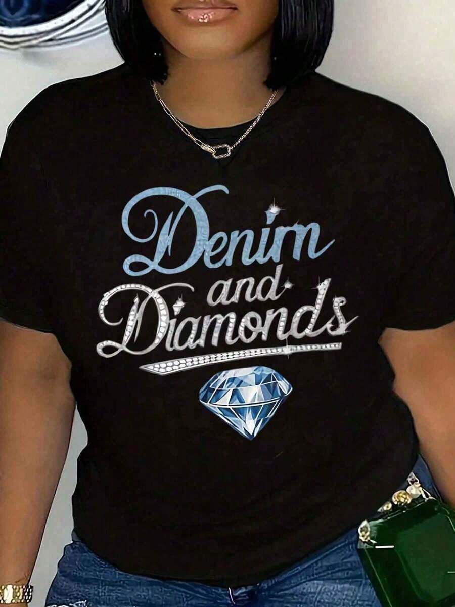 Plus Size Women's T-Shirt, With Denim And Diamond Print, Short Sleeve, Round Neck, Casual Summer Set, Casual Blouses For Ladies. - màu đen - Xem 1