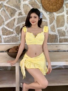 Bikini sexy para mujer, traje de baño de tres piezas con mangas abullonadas, bikini de vacaciones. - Conjunto de bikini de tres piezas - Ver 7