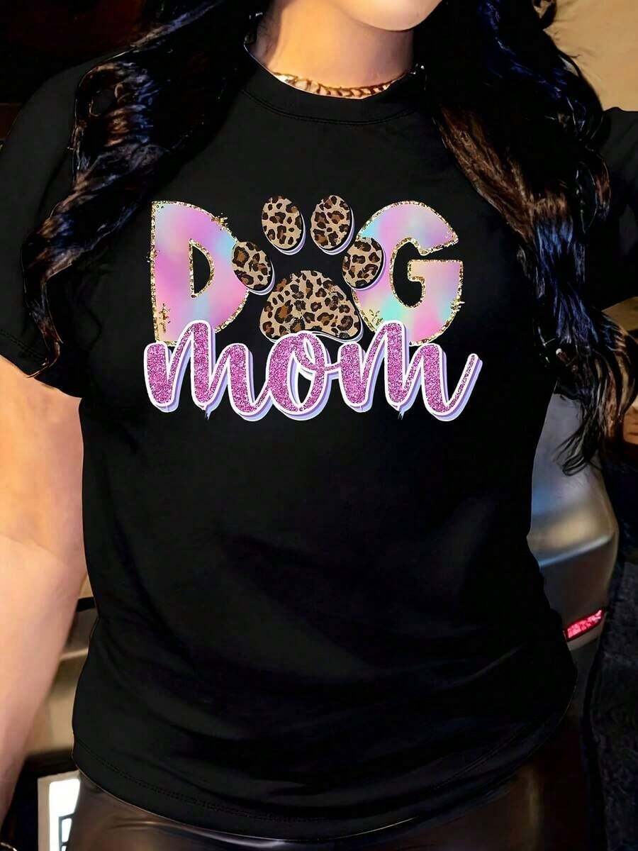 Women's T-Shirt With Leopard Print And Glitter "Dog Mom" Design, Round Neck, Short Sleeve, Casual, Suitable For Daily Outdoor Wear, Perfect For All Seasons. - Black - View 1