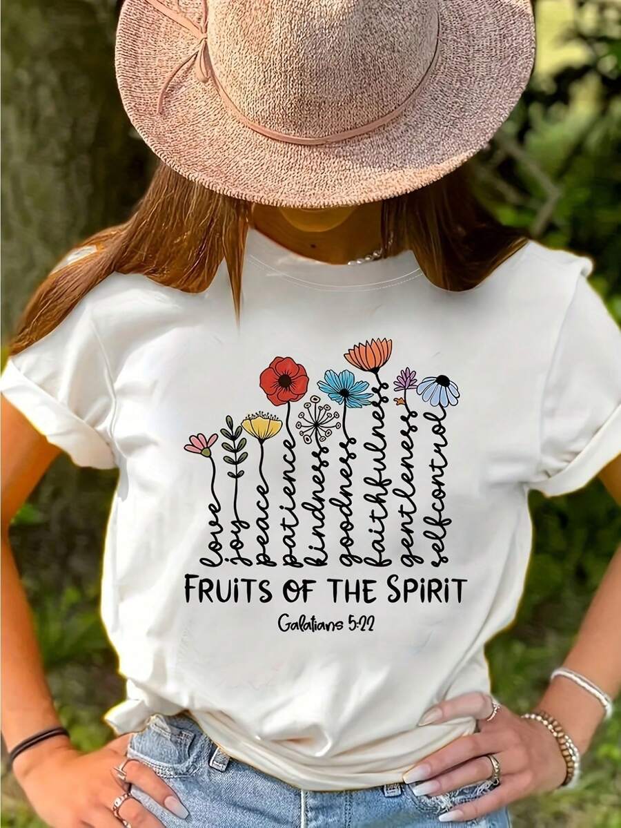 Camiseta Deportiva Casual para Mujer con Texto Frutos del Espíritu y Diseño Floral - Camiseta Elástica de Cuello Redondo, Lavable aáquina, Ajuste Cómodo para Todas las Estaciones, Perfecta para Uso Diario y Actividades al Aire Libre. - Blanco - Ver 1