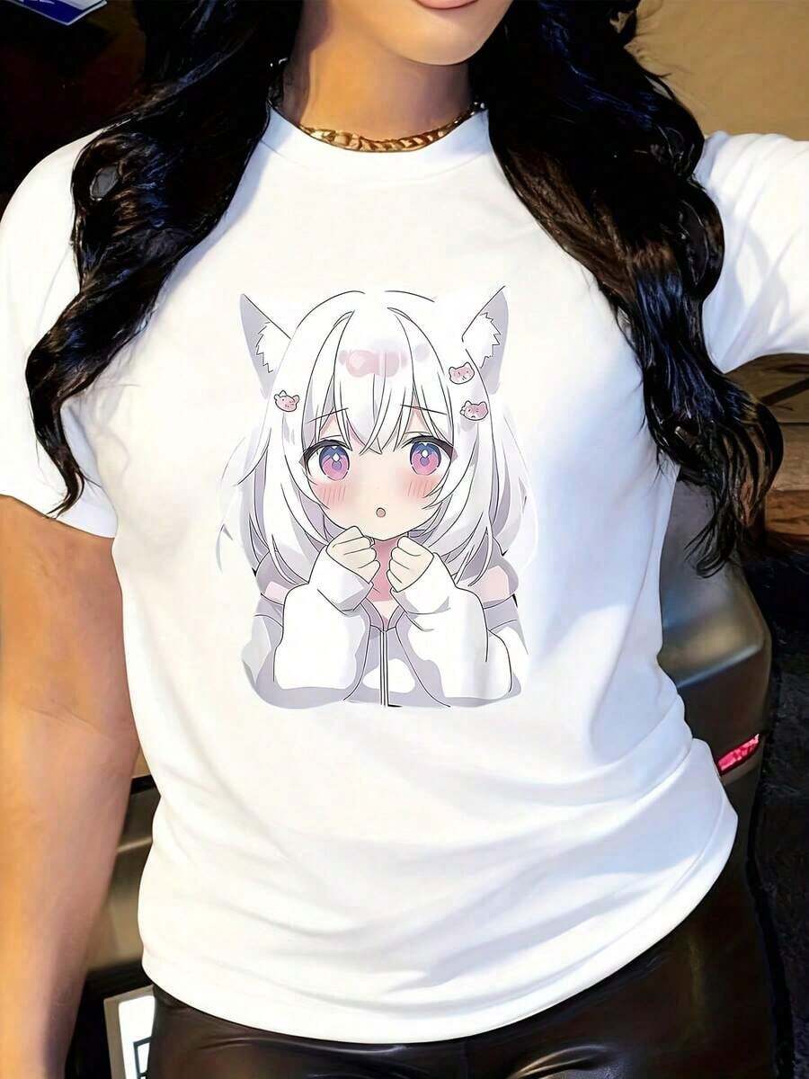 Women's Anime Print T-Shirt - Cute Kawaii White Hair Twin Tails & Cat Ears Design, Soft Round Neck Casual Tee For Cosplay, Themed Events & Casual Attire - All-Season Comfortable Stretchy Fabric (Machine Washable) - Perfect Gift For Anime Fans Adecuado como regalo.playera de mujer.blusas>elegante.boho chic,Top de mujer suave, transpirable y cómodo, ideal para primavera, verano y otoño, perfecto para vacaciones, viajes y uso diario. - Blanco - Ver 1