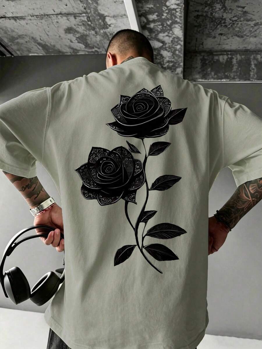 Camiseta de manga corta con cuello redondo y estampado de rosa, de moda casual y versátil para hombre, de verano - Verde Oliva - View 1