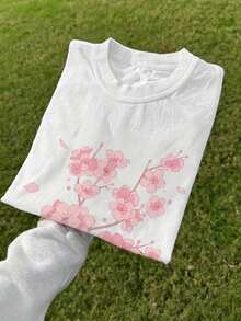 Spring And Summer Tops For Women In Japanese Style, With Cherry Blossom And Petal Design, Made Of Pure Fabric, Loose Fit, Round Neck, Short Sleeve T-Shirt, Winter Clothing For Women. - 白色 - 查看 1