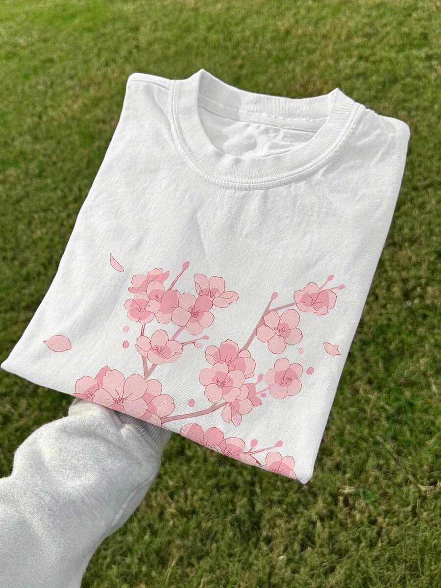 Spring And Summer Tops For Women In Japanese Style, With Cherry Blossom And Petal Design, Made Of Pure Fabric, Loose Fit, Round Neck, Short Sleeve T-Shirt, Winter Clothing For Women. - 白色 - 查看 1