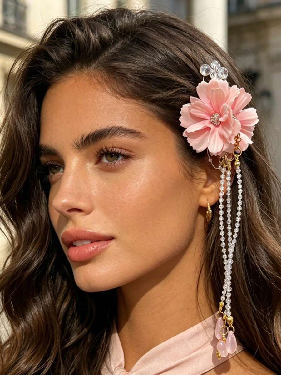 1pc Delicate Faux Tassel Flower Hair Clip, Bridal Headpiece Hair Accessory, Floral Hair Clip Suitable For Women, Versatile Vacay Beach Claw Clips - Multicolor - View 1