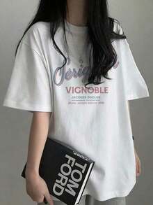 Camiseta de manga corta para mujer, cuello redondo, corte holgado, estampado de letras y dibujos animados, estilo japonés, primavera/verano, color blanco. - Blanco - Ver 3