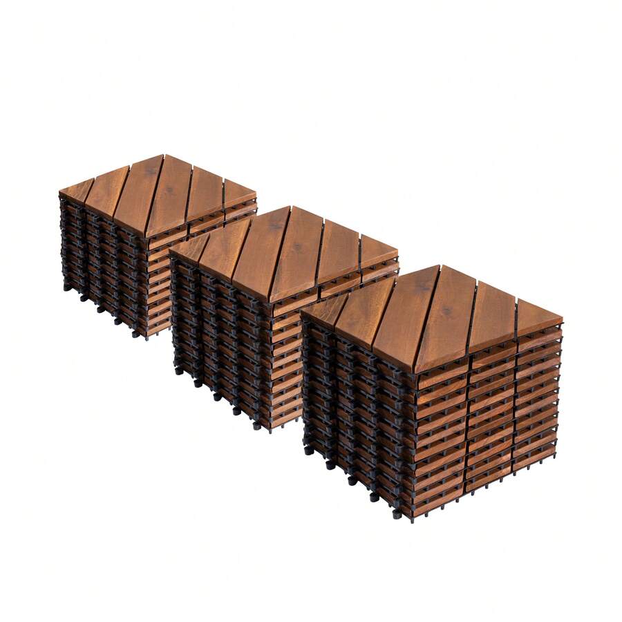 Interlocking Deck Tiles Diagonal Pattern, 12" X 12" Acacia Wood Tiles For Patio, Waterproof, All-Weather, Outdoor Decking For Garden, Pool, Balcony