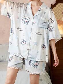 Gongdie Bộ đồ ngủ nữ 2 món, bộ đồ ngủ ngắn tay mùa hè, họa tiết chim cánh cụt và viền ren, đồ mặc nhà mềm mại, dễ thương. - Xanh và trắng - Xem 8