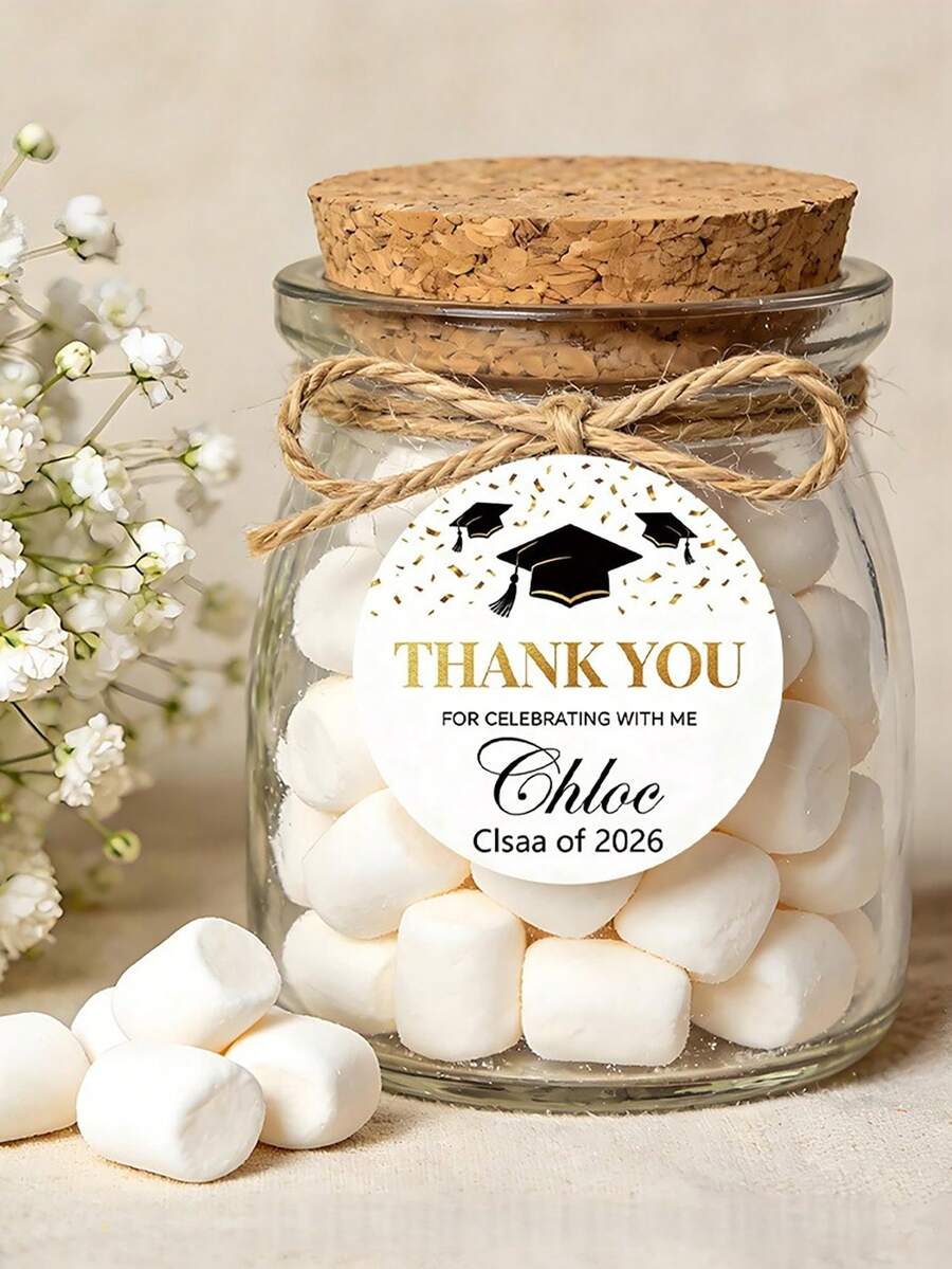 Customizable Round "Graduation Thanks" Stickers - Can Be Personalized With Name, Year And Other Details. Optional Custom Gold Graduation Cap Design - Perfect For Graduation Celebrations, Sealing Gifts, Envelopes And More! - Multicolor 02 - View 1
