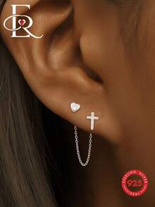 1pc 925 Sterling Silver Heart Cross Crystal Rhinestone Tassel Dangle Ear Cuff Earrings, Women Daily Wear Wedding Engagement Gift - Silver - View 2