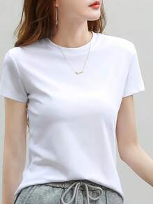 Fashionable Solid Color Round Neck Short Sleeve Top For Women - White - View 3