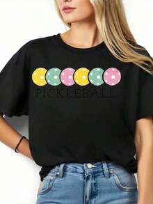 Fun Pickleball Game Day T-Shirt With Colorful Dots Design For Pickleball Enthusiasts And Players - Vintage Urban Style, Unisex, Cotton, Short Sleeve, Crew Neck, 100% Cotton - 黑色 - 查看 3