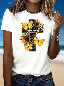 Camiseta Bohemio Faith con Estampado de Cruz, Leopardo, Mariposa y Girasol para Mujer, Top Casual de Verano para Playa, Blanca, de Algodón - Blanco - Ver 4