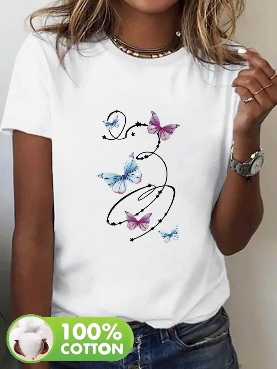 Camiseta de manga corta para mujer 100% con estampado de patrón de mariposa romántica, Top casual All-Match