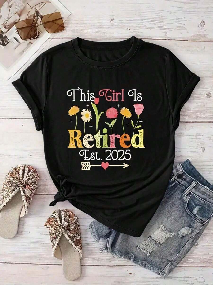 Camiseta Bohemio de Nueva Colección con Estampado Creativo de Letras y Flores para Mujer, Casual, de Manga Corta, Cuello Redondo, para Vacaciones, Primavera Verano, Lavable a Máquina, Nueva Ropa Versátil para Salidas - Negro - Ver 1