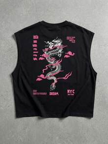 Áo tank top không tay in hình rồng phong cách đường phố thường ngày mùa hè dành cho nam giới FRACTYR, thiết kế in hai mặt, áo tank top cổ tròn dáng rộng kiểu Nhật Bản cổ điển, áo tập luyện thể thao, chất liệu mềm mại. - màu đen - Xem 2