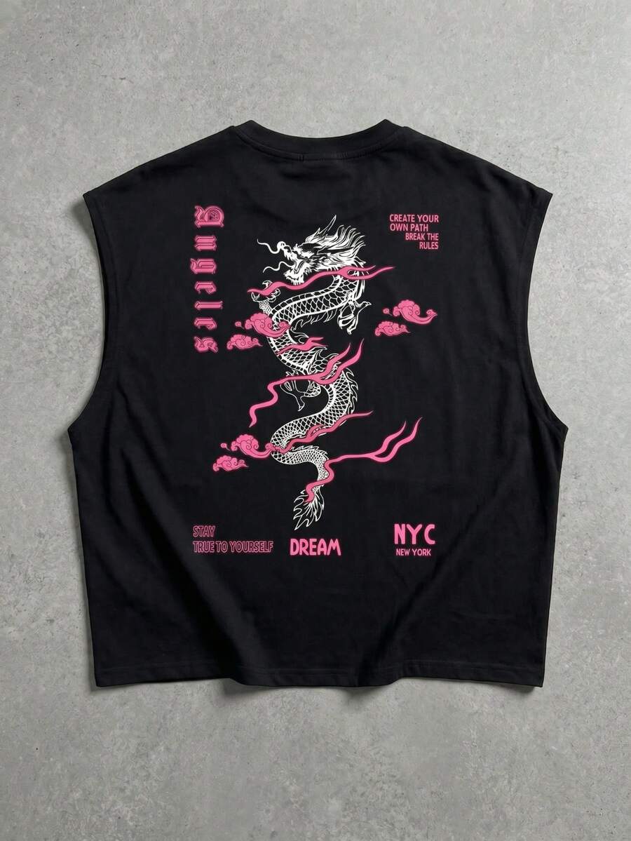 FRACTYR 男士夏季休闲街头风龙纹印花无袖背心,双面印花设计,日系复古宽松圆领无袖背心,运动健身服,触感柔软 - 黑色 - 查看 1
