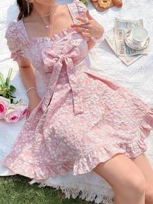 Vestido de cuello cuadrado con lazo delantero floral jacquard - Rosa Pálido - Ver 3